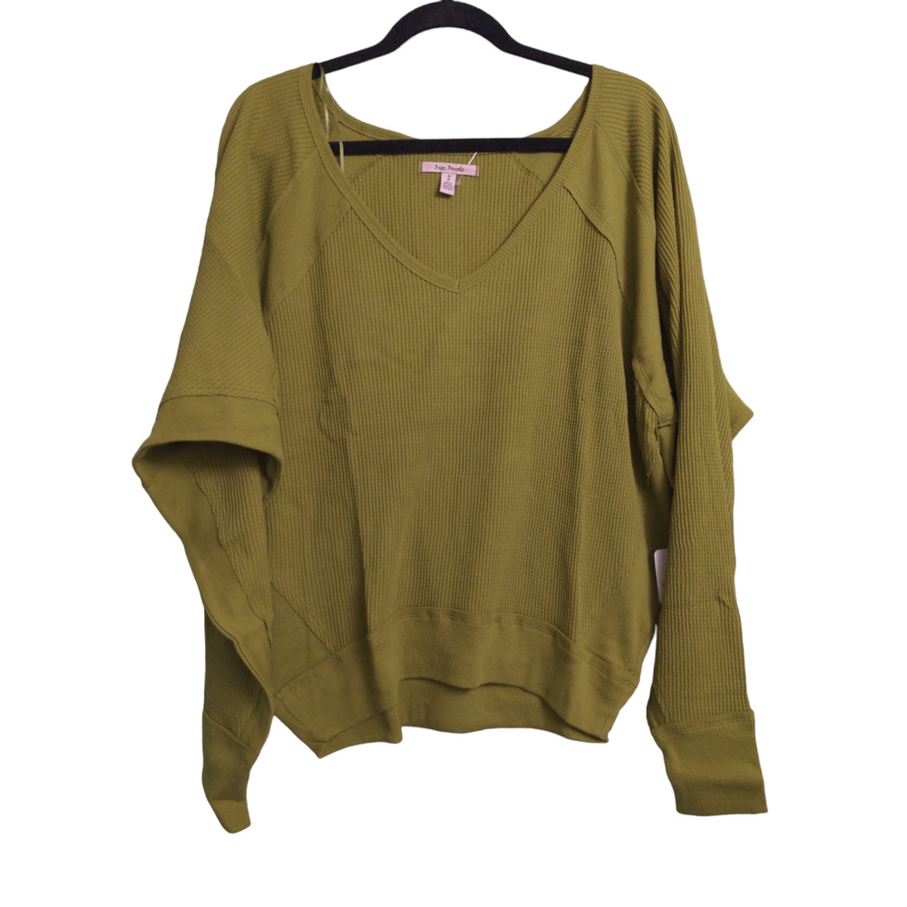 Free People Santa Clara Thermal Top Shirt Ferngully (Green) Slouchy V-Neck S New - Picture 2 of 12